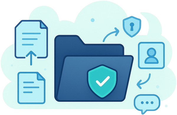 Illustration of a secure folder with documents, lock icon, and user symbol representing data protection.